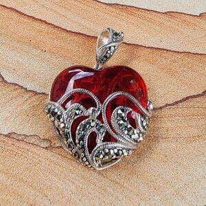 Ross-Simons Sterling Silver Marcasite Red Glass Heart Pendant